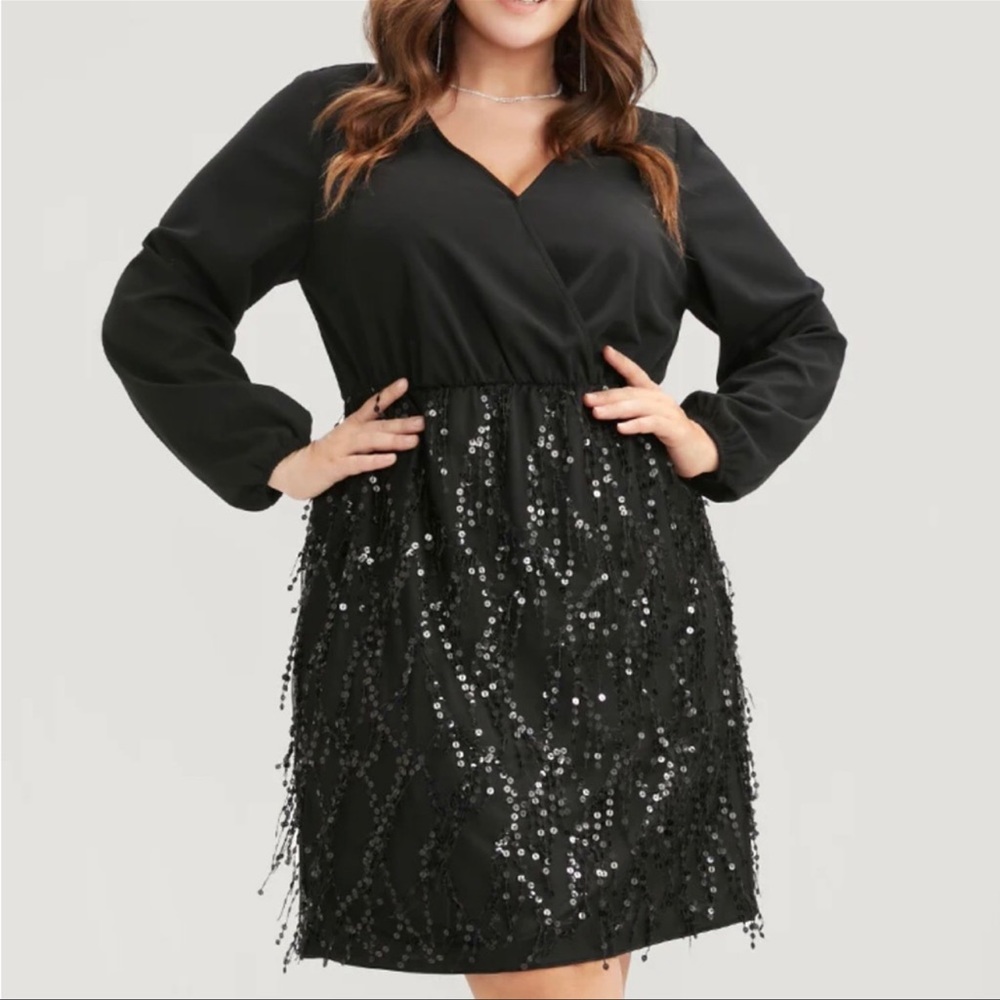 Black Solid Patchwork Wrap Sequin Tassel Detail Dress Womens Size 14-16 1X